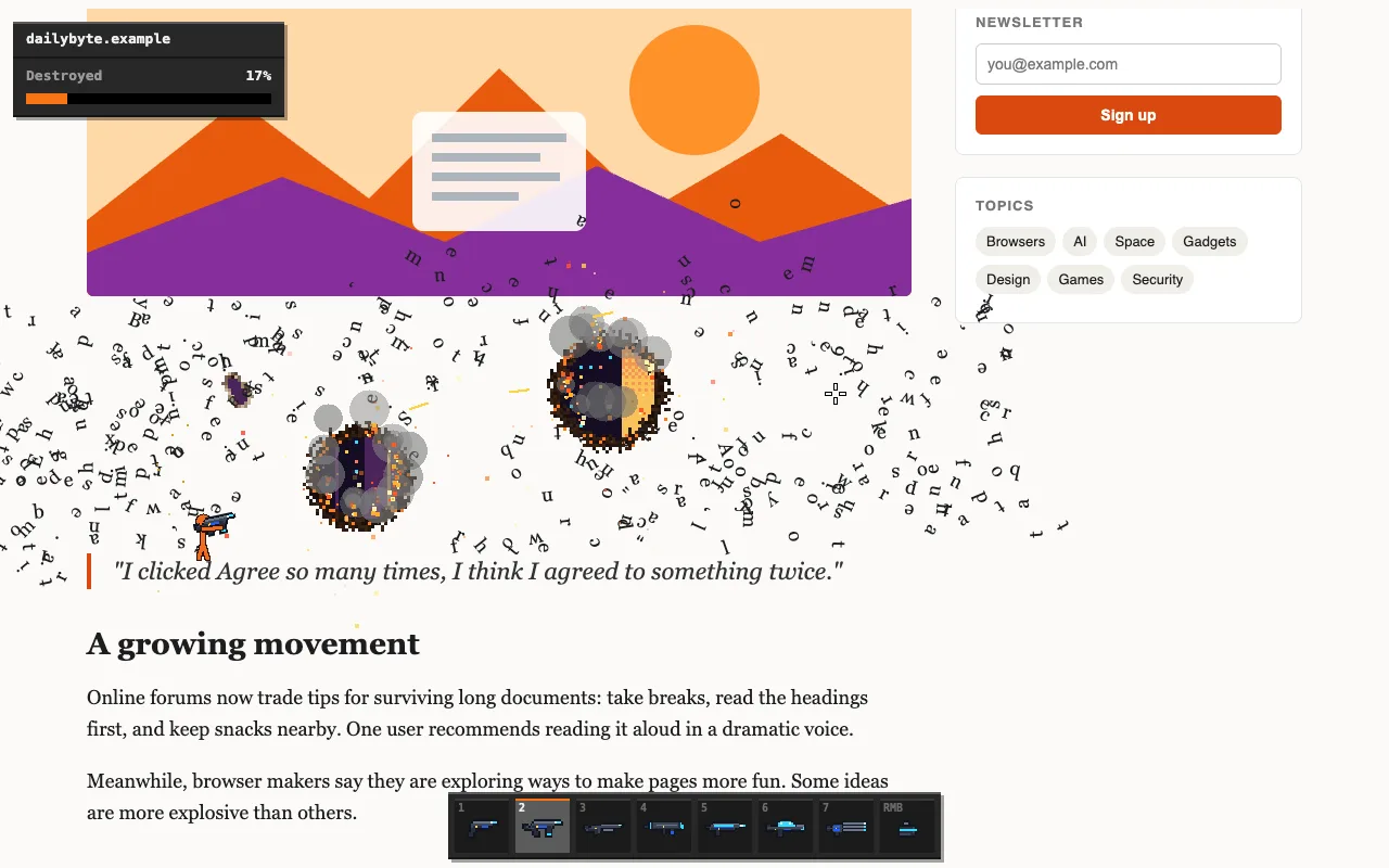 Paragraph text exploding into hundreds of individual letters.