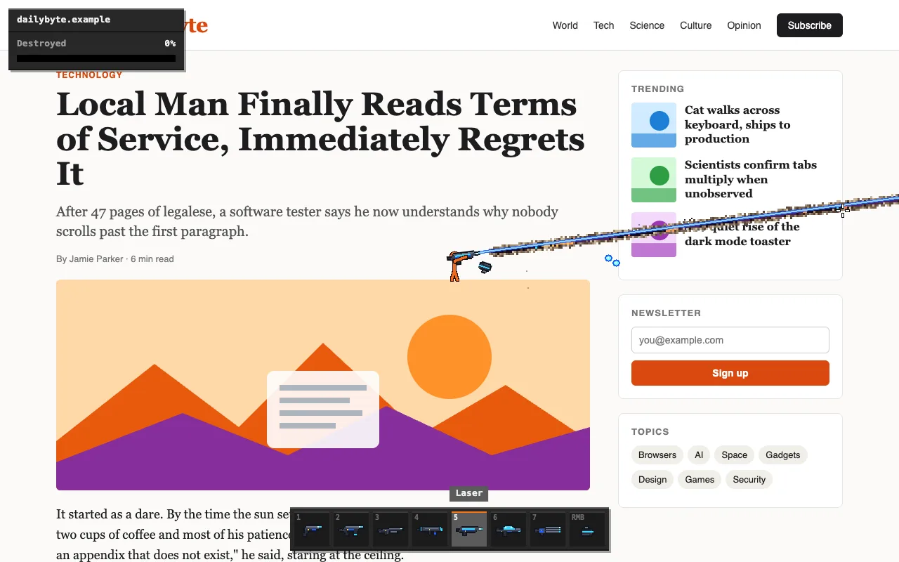 The stickman firing a laser that burns a line across the page while letters scatter.