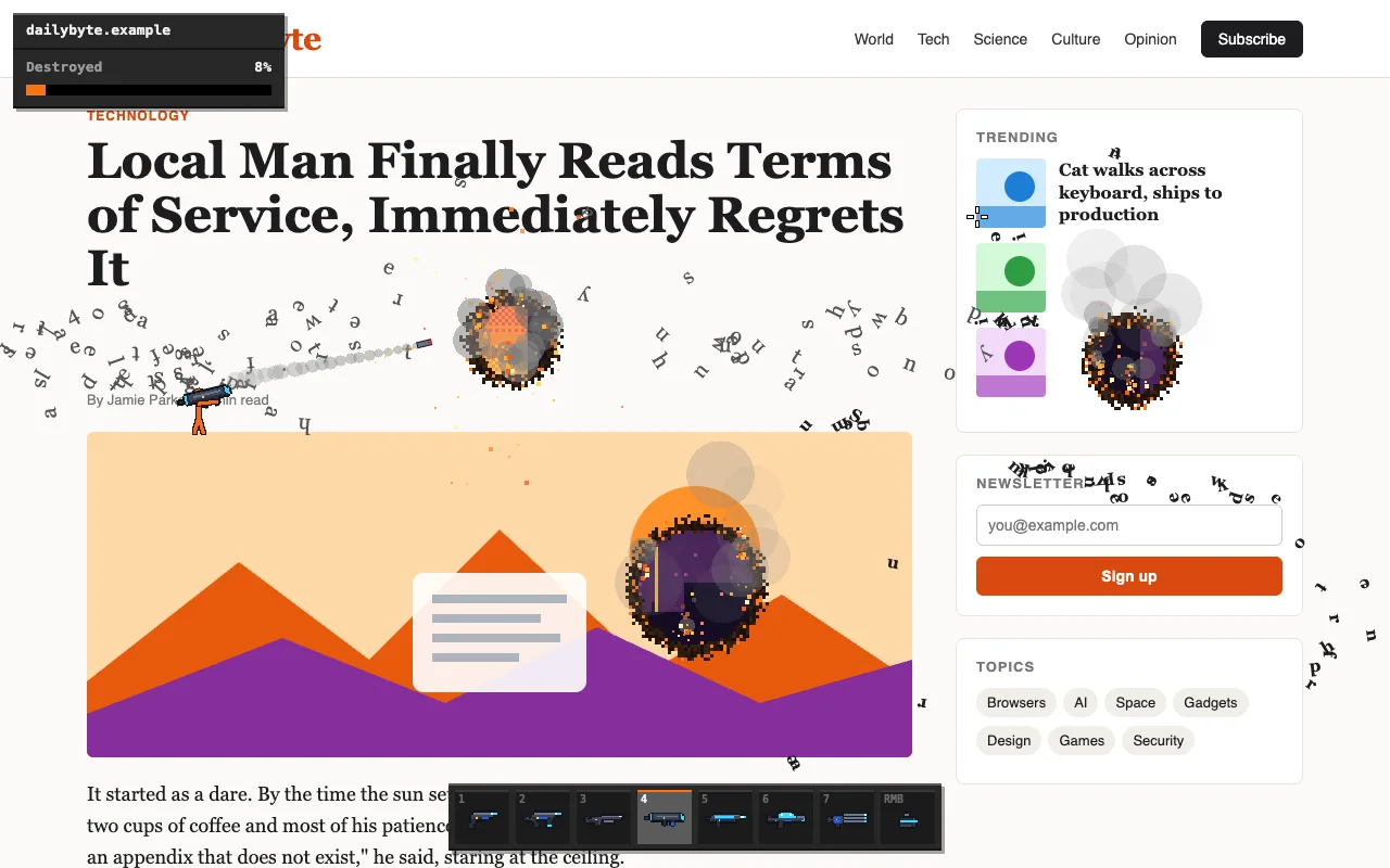 A news article mid-destruction: an orange stickman fires a rocket while the subheading's letters fly apart and scorched holes reveal a pixel city skyline.